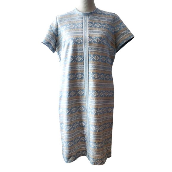 Vintage Lorac Originals Size L/XL? Blue Tan Textured Geometric S/S Sheath Dress - Picture 1 of 10